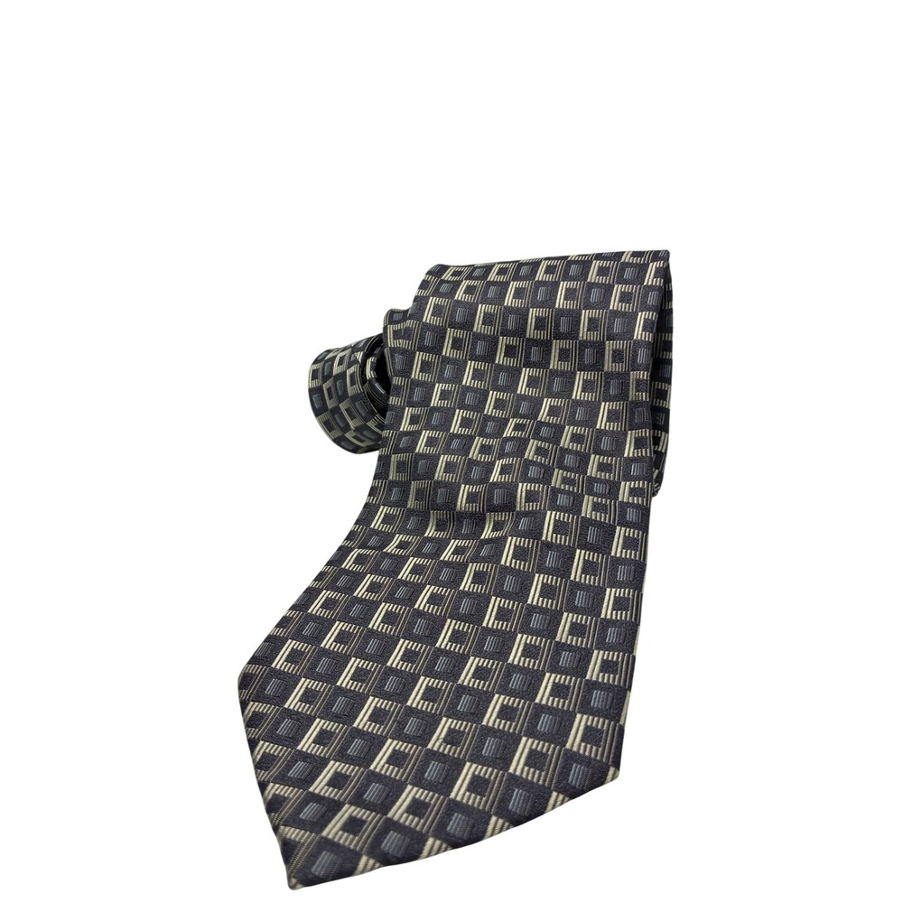 Crazy Horse Liz Claiborne Mens Silk Tie Grey Blue Geometric Square Pattern